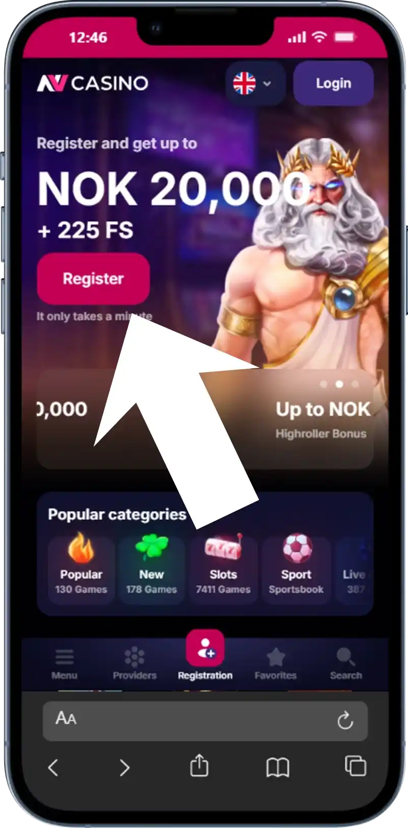 NV Casino registrering – hjemmesiden med tydelig «Registrer deg»-knapp øverst. Slik starter du opprettelsen av din konto hos NV Casino.
