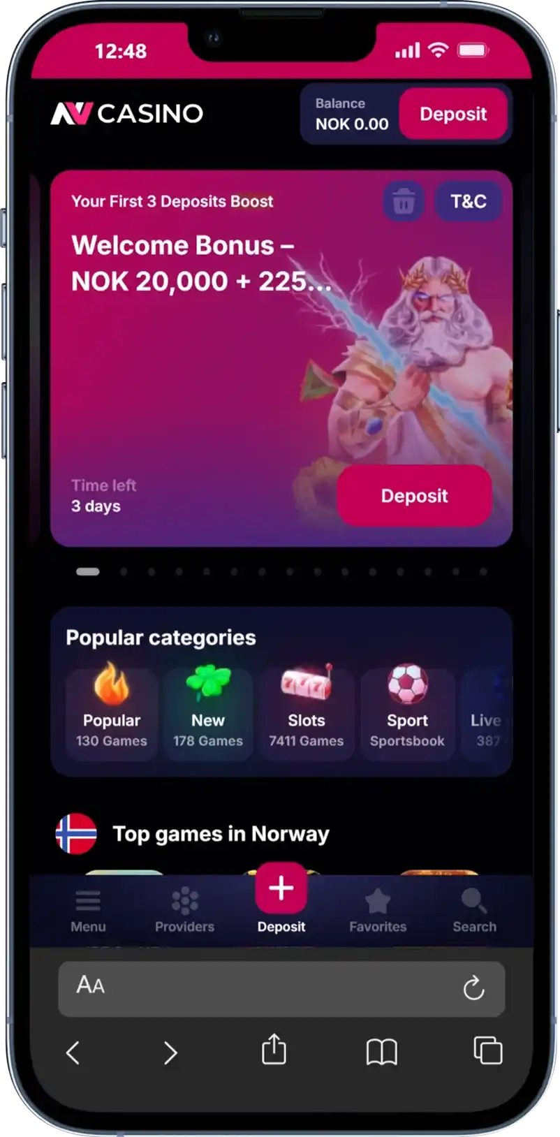 Fullført NV Casino registrering – den personlige profilsiden med oversikt over kontoen og tilgang til hele spillutvalget.
