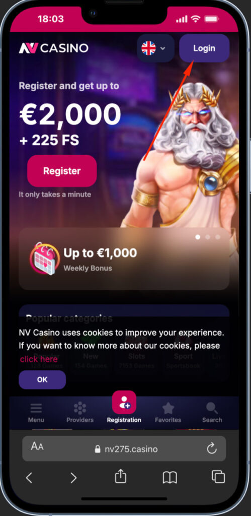 NV Casino login – innloggingsside med Logg inn-knapp øverst på hjemmesiden.